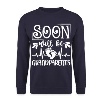 Wir werden bald Großeltern, Wir werden Oma und Opa - Unisex Pullover - Navy - Vorne - Alina (178cm) & Michal (187cm)
