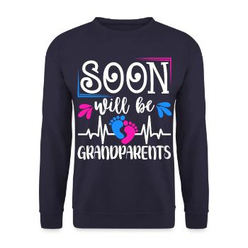 Wir werden bald Großeltern, Wir werden Oma und Opa - Unisex Pullover - Navy - Vorne - Alina (178cm) & Michal (187cm)