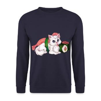 Lustige Sushi Katze weiße Mietze mit Sushi - Unisex Pullover - Navy - Vorne - Alina (178cm) & Michal (187cm)