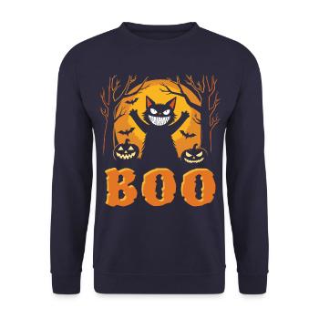 Happy Halloween Katze - Gruselig grinsen - BOO - Unisex Pullover - Navy - Vorne - Alina (178cm) & Michal (187cm)