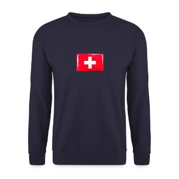 Schweiz Flagge Fahne Blechschild-Optik - Unisex Pullover - Navy - Vorne - Alina (178cm) & Michal (187cm)