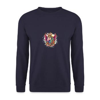 Einhorn Wappen Porträt Bunt - Unisex Pullover - Navy - Vorne - Alina (178cm) & Michal (187cm)