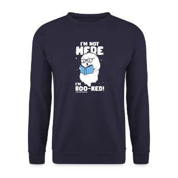 Bin beschäftigt - Boo ked - Geister Buch - Unisex Pullover - Navy - Vorne - Alina (178cm) & Michal (187cm)