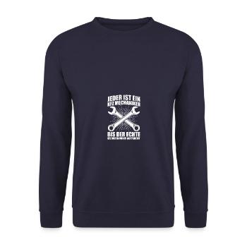 Jeder ist ein KFZ Mechaniker KFZ Mechatroniker - Unisex Pullover - Navy - Vorne - Alina (178cm) & Michal (187cm)