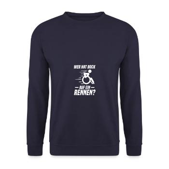 Bock auf ein Rennen? Rollstuhlfahrer Rollstuhl - Unisex Pullover - Navy - Vorne - Alina (178cm) & Michal (187cm)