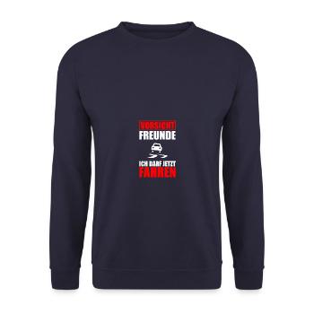 Vorsicht Fahrprüfung Führerschein bestanden - Unisex Pullover - Navy - Vorne - Alina (178cm) & Michal (187cm)