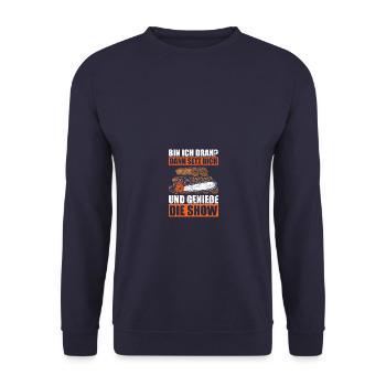 Bin ich dran? Holzfäller Waldarbeiter Forstwirt - Unisex Pullover - Navy - Vorne - Alina (178cm) & Michal (187cm)
