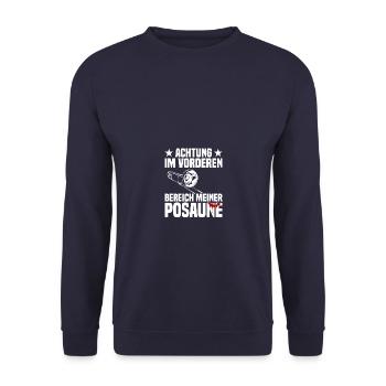 Achtung Posaune Posaunenspieler Posaunist - Unisex Pullover - Navy - Vorne - Alina (178cm) & Michal (187cm)