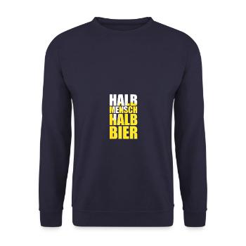 Halb Mensch halb Bier Biertrinker Bierliebhaber - Unisex Pullover - Navy - Vorne - Alina (178cm) & Michal (187cm)