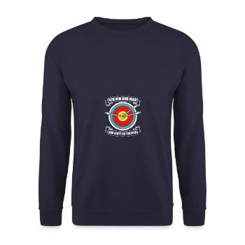 Nur hier Pfeil Bogen Bogenschießen Bogenschütze - Unisex Pullover - Navy - Vorne - Alina (178cm) & Michal (187cm)