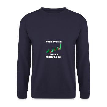 Endlich Montag Aktienmarkt Börse Trader - Unisex Pullover - Navy - Vorne - Alina (178cm) & Michal (187cm)