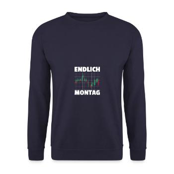 Endlich Montag Aktienmarkt Börse Trader - Unisex Pullover - Navy - Vorne - Alina (178cm) & Michal (187cm)
