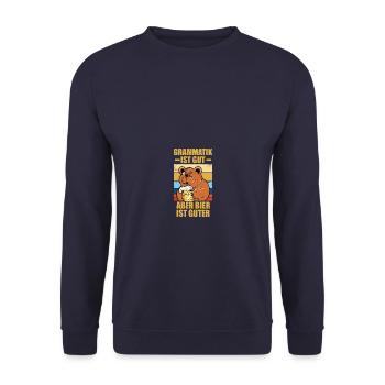 Grammatik ist gut Biertrinker Bierliebhaber Bier - Unisex Pullover - Navy - Vorne - Alina (178cm) & Michal (187cm)