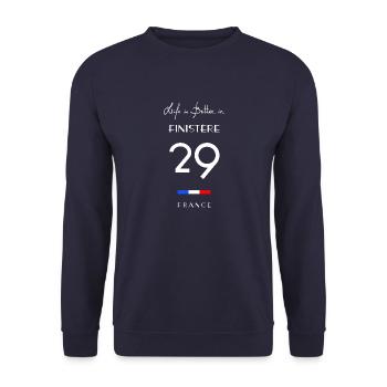 Das Leben ist besser FINISTÈRE Nummer 29 Bretagne - Unisex Pullover - Navy - Vorne - Alina (178cm) & Michal (187cm)
