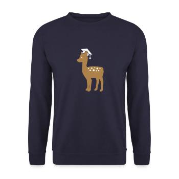 Rehkitz mit Doktorhut - Geschenk zur Doktorarbeit - Unisex Pullover - Navy - Vorne - Alina (178cm) & Michal (187cm)