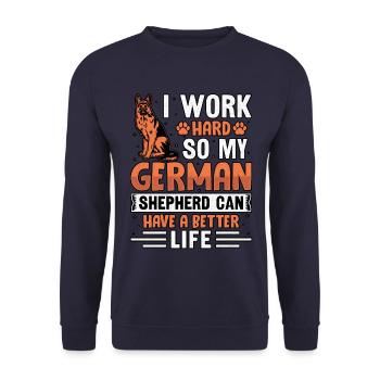 Ich arbeite hart, damit mein Schäferhund ein besseres Leben haben kann - Unisex Pullover - Navy - Vorne - Alina (178cm) & Michal (187cm)