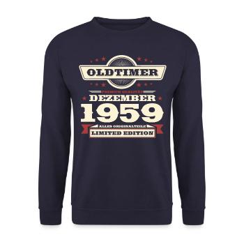 64. Geburtstag Oldtimer Dezember Jahrgang 1959 - Unisex Pullover - Navy - Vorne - Alina (178cm) & Michal (187cm)