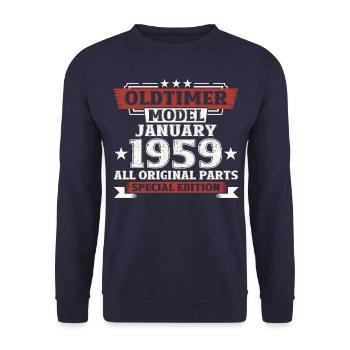 65. Geburtstag Mann Oldtimer Januar Jahrgang 1959 - Unisex Pullover - Navy - Vorne - Alina (178cm) & Michal (187cm)