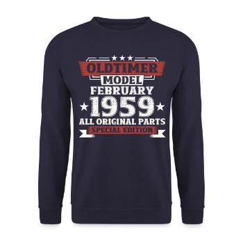 65. Geburtstag Oldtimer Februar Jahrgang 1959 - Unisex Pullover - Navy - Vorne - Alina (178cm) & Michal (187cm)