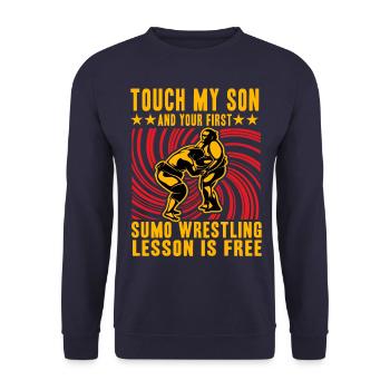 Berühre meinen Sohn und deine erste Sumo-Stunde ist kostenlos - Unisex Pullover - Navy - Vorne - Alina (178cm) & Michal (187cm)