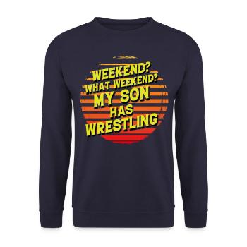 Wochenende? Welches Wochenende? Mein Sohn hat Wrestling - Unisex Pullover - Navy - Vorne - Alina (178cm) & Michal (187cm)