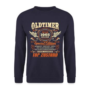 Oldtimer Baujahr 1965 Jahrgang Geburtstag Geschenk - Unisex Pullover - Navy - Vorne - Alina (178cm) & Michal (187cm)