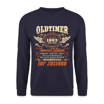 Oldtimer Baujahr 1983 Jahrgang Geburtstag Geschenk - Unisex Pullover - Navy - Vorne - Alina (178cm) & Michal (187cm)