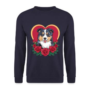 Cartoon Australian Shepherd Dog with Roses - Unisex Sweatshirt - navy - Front - Alina (178cm) & Michal (187cm)