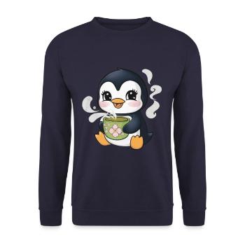 Cartoon Kawaii Pinguin mit grünem Tee - Unisex Pullover - Navy - Vorne - Alina (178cm) & Michal (187cm)
