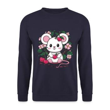Mouse with cherries and sakura cherry blossoms - Unisex Sweatshirt - navy - Front - Alina (178cm) & Michal (187cm)
