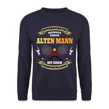 Alter Mann mit Tennisschläger - Tennisspieler - Unisex Pullover - Navy - Vorne - Alina (178cm) & Michal (187cm)