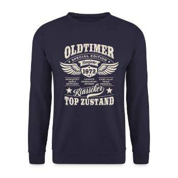 Oldtimer Baujahr 1972 - Geburtstag - Geschenk - Unisex Pullover - Navy - Vorne - Alina (178cm) & Michal (187cm)