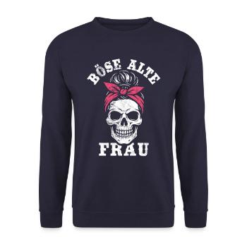 Böse alte Frau - Totenkopf - Ironie - Spruch - Unisex Pullover - Navy - Vorne - Alina (178cm) & Michal (187cm)
