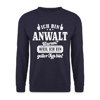 Ich bin Anwalt weil ich ein geiler Typ bin - Unisex Pullover - Navy - Vorne - Alina (178cm) & Michal (187cm)