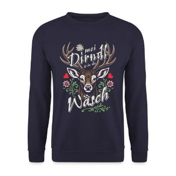 Mei Dirndl is in da Wäsch - Dirndl Ersatz, Tracht - Unisex Pullover - Navy - Vorne - Alina (178cm) & Michal (187cm)