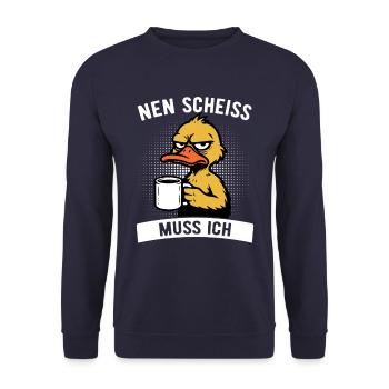 Freche Ente - Nen Scheiß muss ich - Kaffee - Unisex Pullover - Navy - Vorne - Alina (178cm) & Michal (187cm)