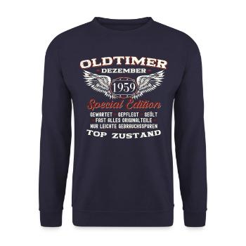 64. Geburtstag Oldtimer Dezember Jahrgang 1959 - Unisex Pullover - Navy - Vorne - Alina (178cm) & Michal (187cm)