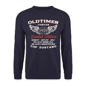 65. Geburtstag Mann Oldtimer Januar Jahrgang 1959 - Unisex Pullover - Navy - Vorne - Alina (178cm) & Michal (187cm)