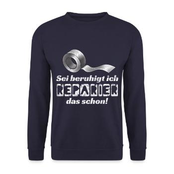 Schöner Klebeband Spruch für Handwerker Geschenk - Unisex Pullover - Navy - Vorne - Alina (178cm) & Michal (187cm)