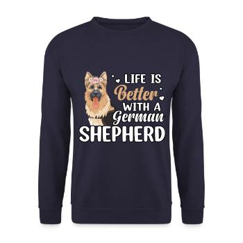 Das Leben ist besser mit einem Deutschen Schäferhund - Unisex Pullover - Navy - Vorne - Alina (178cm) & Michal (187cm)