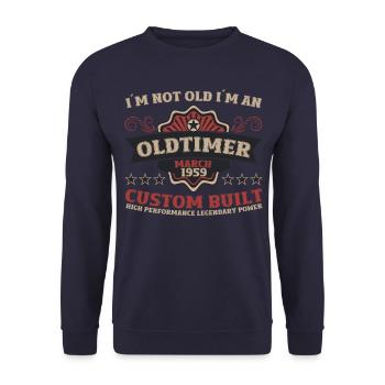 65. Geburtstag März Jahrgang 1959 Oldtimer - Unisex Pullover - Navy - Vorne - Alina (178cm) & Michal (187cm)