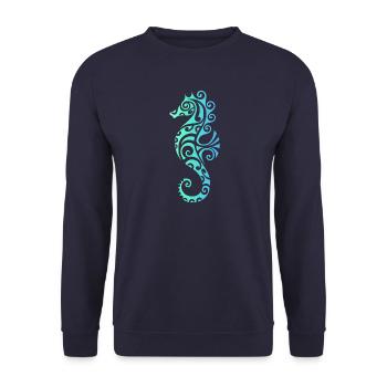 Seepferdchen – Maritimes Vintage Meeresmotiv - Unisex Pullover - Navy - Vorne - Alina (178cm) & Michal (187cm)