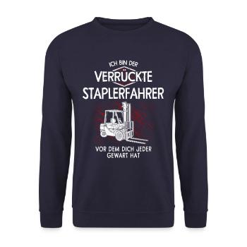 Ich bin der verrückte Staplerfahrer - Unisex Pullover - Navy - Vorne - Alina (178cm) & Michal (187cm)