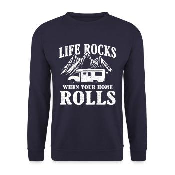 Life rocks when your home rolls Wohnwagen - Unisex Pullover - Navy - Vorne - Alina (178cm) & Michal (187cm)