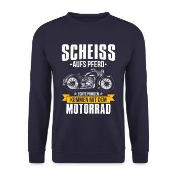 Scheiss aufs Pferd echte Prinzen mit Motorrad - Unisex Pullover - Navy - Vorne - Alina (178cm) & Michal (187cm)