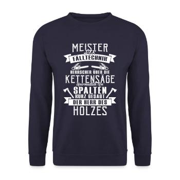 Meister der Fälltechnik Kettensäge Holz - Unisex Pullover - Navy - Vorne - Alina (178cm) & Michal (187cm)