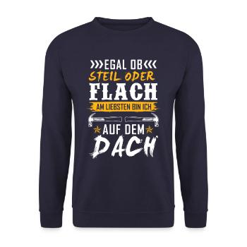 Egal Ob Steil oder Flach Dach Dachdecker - Unisex Pullover - Navy - Vorne - Alina (178cm) & Michal (187cm)
