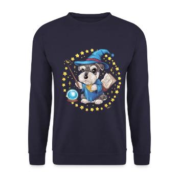 Magischer Zwergschnauzer im Zauberer Outfit - Unisex Pullover - Navy - Vorne - Alina (178cm) & Michal (187cm)