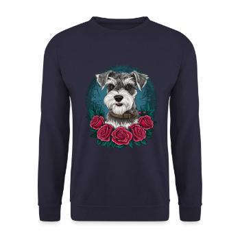 Miniature schnauzer in cartoon style with beautiful roses - Unisex Sweatshirt - navy - Front - Alina (178cm) & Michal (187cm)