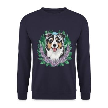 Australischer Schäferhund Motiv mit Flieder - Unisex Pullover - Navy - Vorne - Alina (178cm) & Michal (187cm)